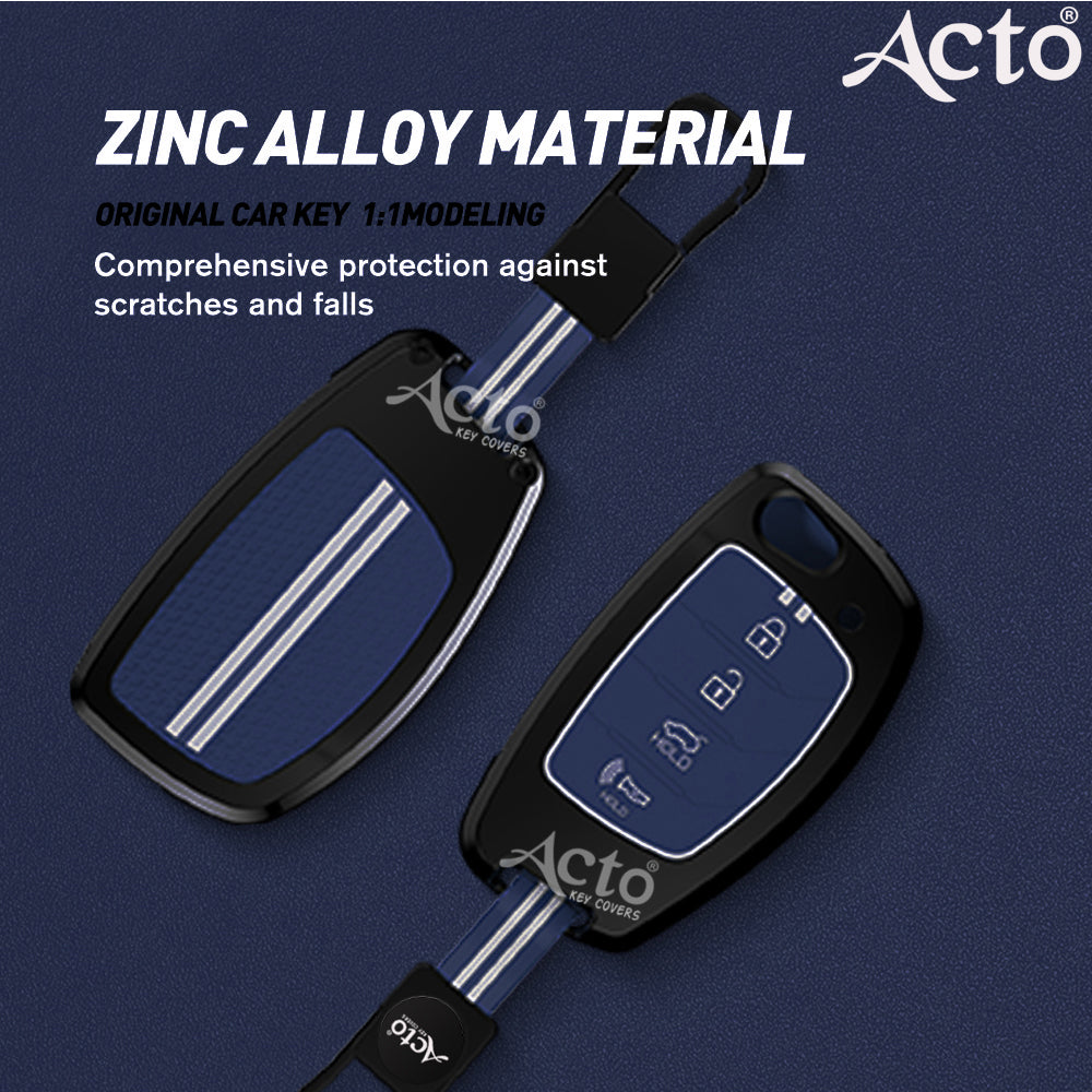 Acto Metal Sapphire Key Cover & Key Chain Compatible with Hyundai Venue & Creta 2020 Smart Key | Premium Zinc Alloy Key Case | Glow-in-the-Dark Buttons | 360° Full Protection | Luxury Car Key Fob Protector | Pack of 1 Set