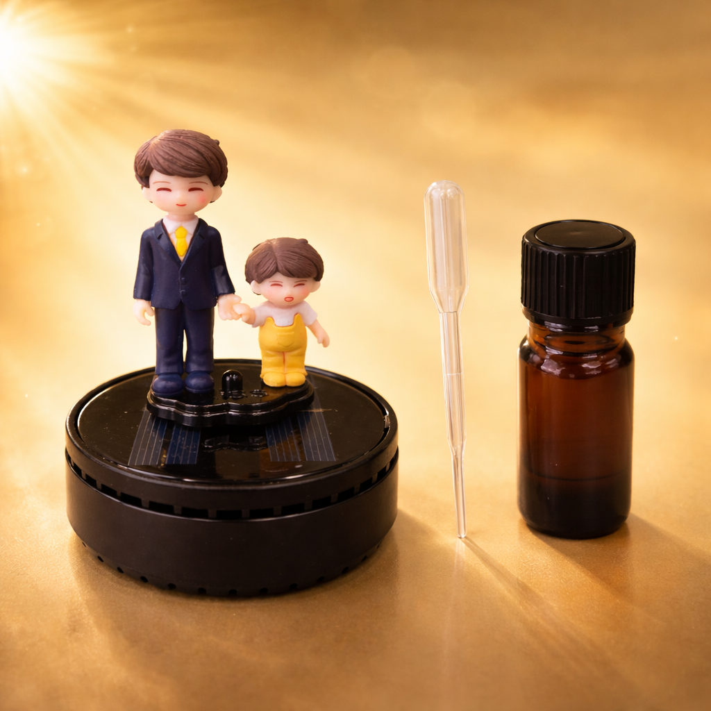 Acto Solar Powered Rotating Parents Dad and Son Showpiece with Aroma Diffuser Bottle – Romantic Dashboard & Home Decor