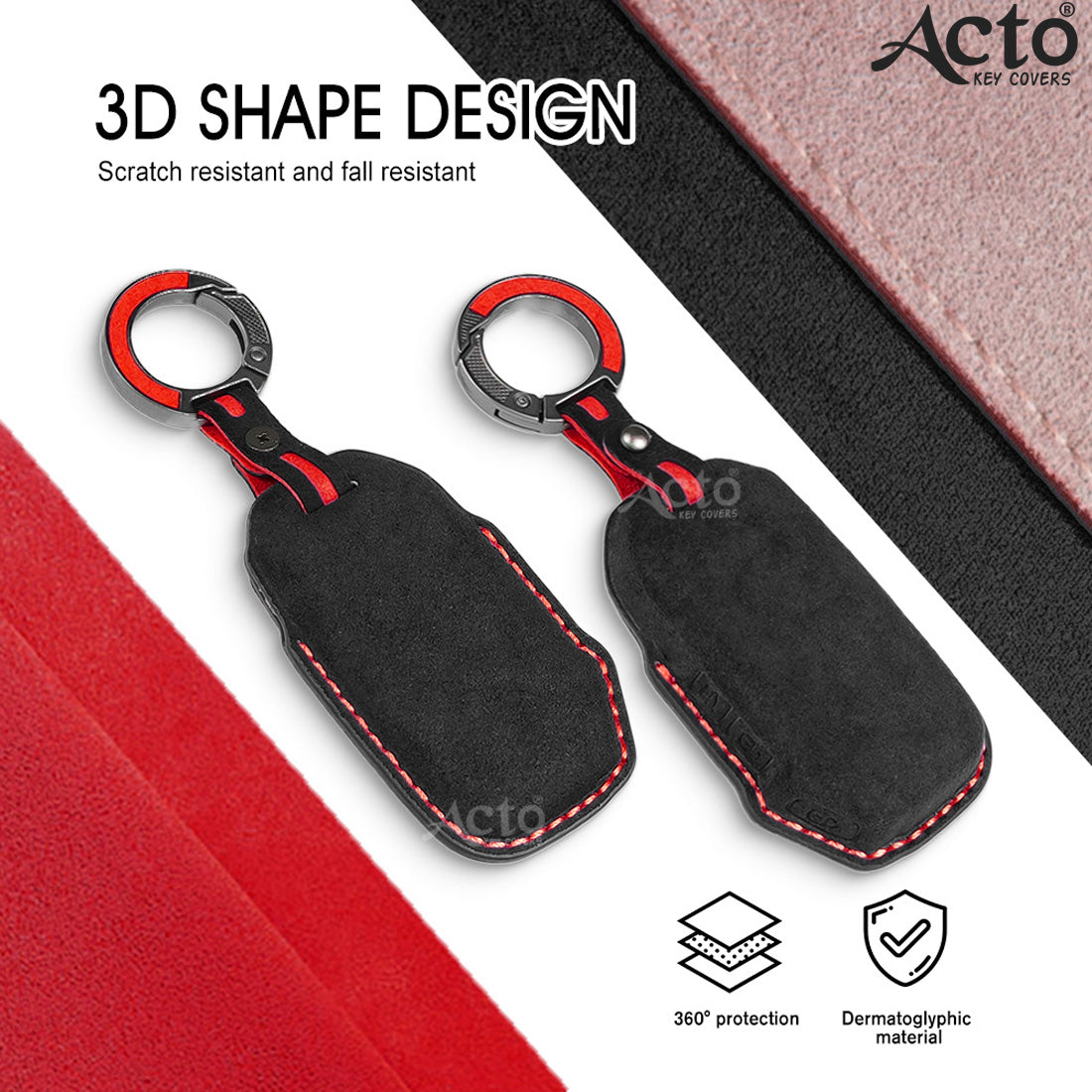 ACTO Alcantra Key Cover and Key Chain in Dashing Blue Cover and Orange Stiching Design Compatible with KIA Sonet 2025 | Seltos 2025 3 Button Smart Key Pack of 1 Set