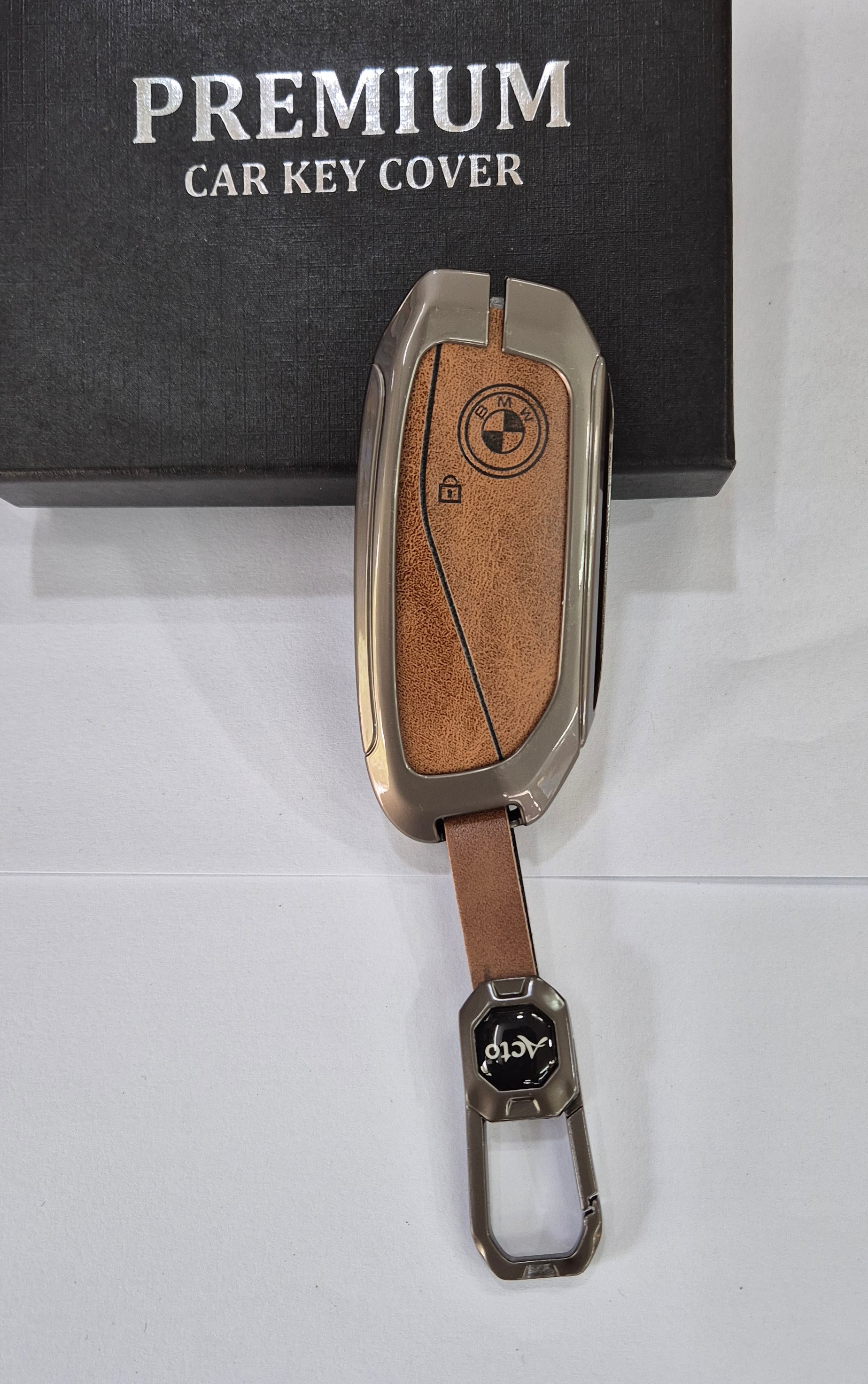 ACTO Metal Leather Car key cover with key chain Compatible With BMW