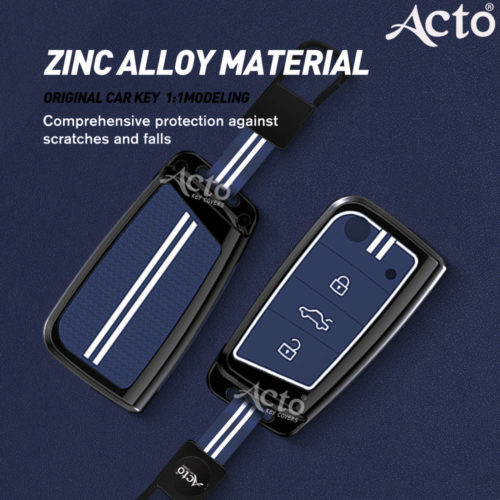 Acto Metal Sapphire Key Cover & Key Chain Compatible with Volkswagen & Skoda Jetta, Slavia, Kushaq, Passat, Octavia, Superb, Tiguan, Taigun, Virtus| Glow-in-the-Dark Buttons | 360° Protection | Pack of 1