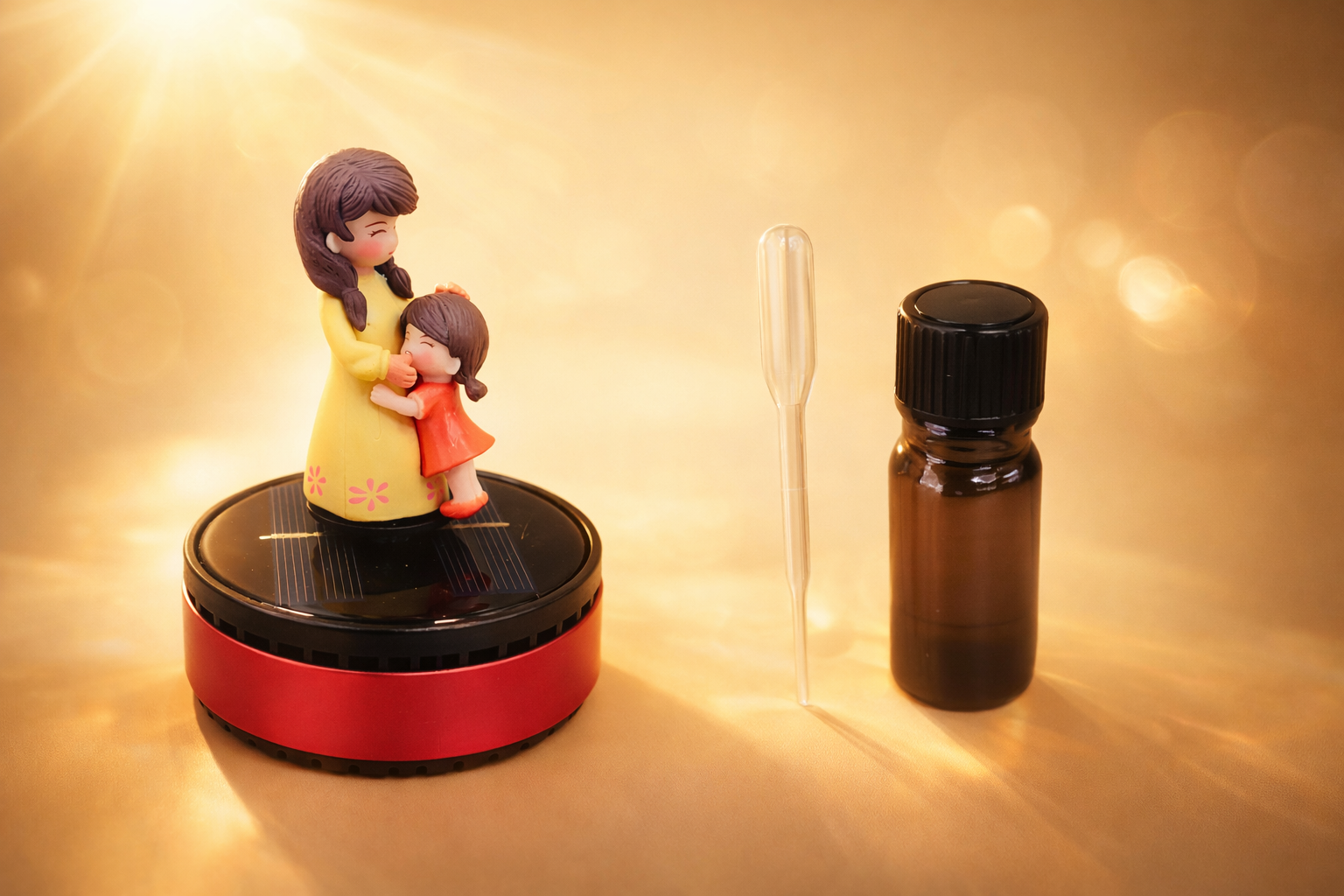 Acto Solar Powered Rotating Parents Mom and Daughter Showpiece with Aroma Diffuser Bottle – Romantic Dashboard & Home Decor