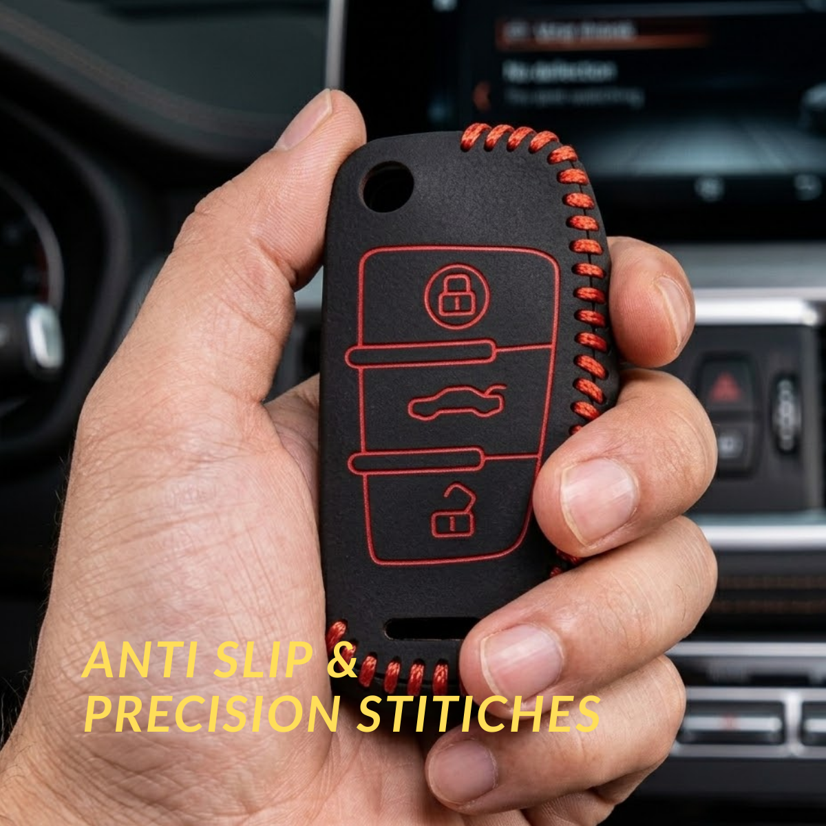 ACTO Leather Car Key Cover with Key Chain Compatible for Audi A6 / Q3 / Q5 / Q7 3 Button Smart Key | Black with Red Stitching | Premium Leather Key Case | 360° Protection | Stylish Key Fob Cover | Pack of 1