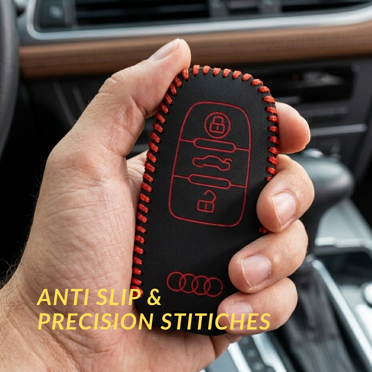 ACTO Leather Car Key Cover with Key Chain Compatible for Audi A8 / Q7 / RS / TT 3 Button Smart Key | Black with Red Stitching | Premium Leather Key Case | 360° Protection | Stylish Key Fob Cover | Pack of 1