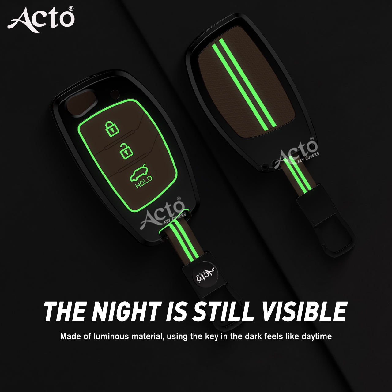 Acto Metal Sapphire Key Cover and Key chain Compatible with Hyudai  Aura I I10 Grand Nios I i20  (2021) I Creta I i20 Active I I-20 Elite I Xcent 2019+ Pack of 1 Set (Glow in the Night)