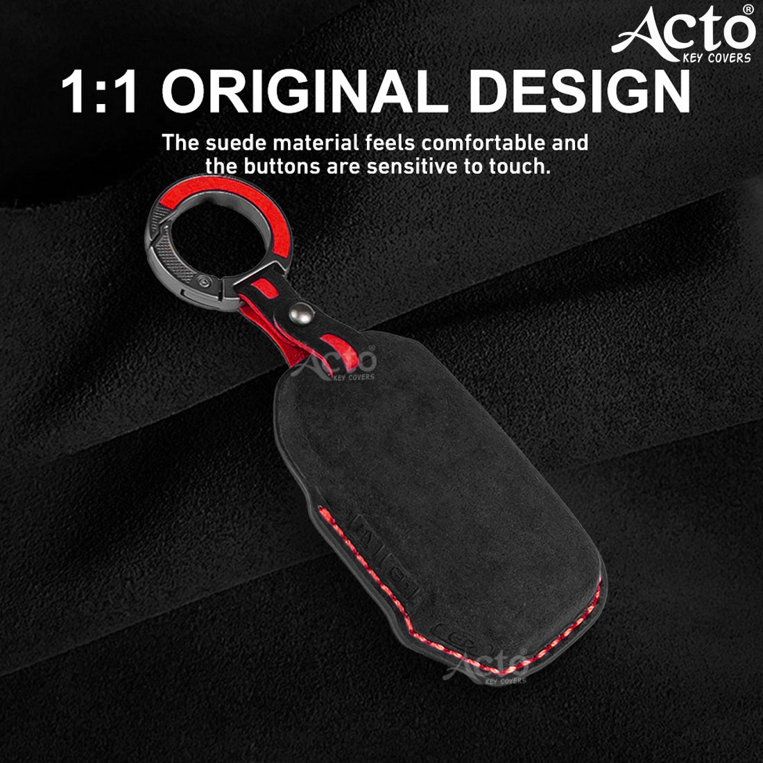 ACTO Alcantra Key Cover and Key Chain in Dashing Blue Cover and Orange Stiching Design Compatible with KIA Sonet 2025 | Seltos 2025 3 Button Smart Key Pack of 1 Set