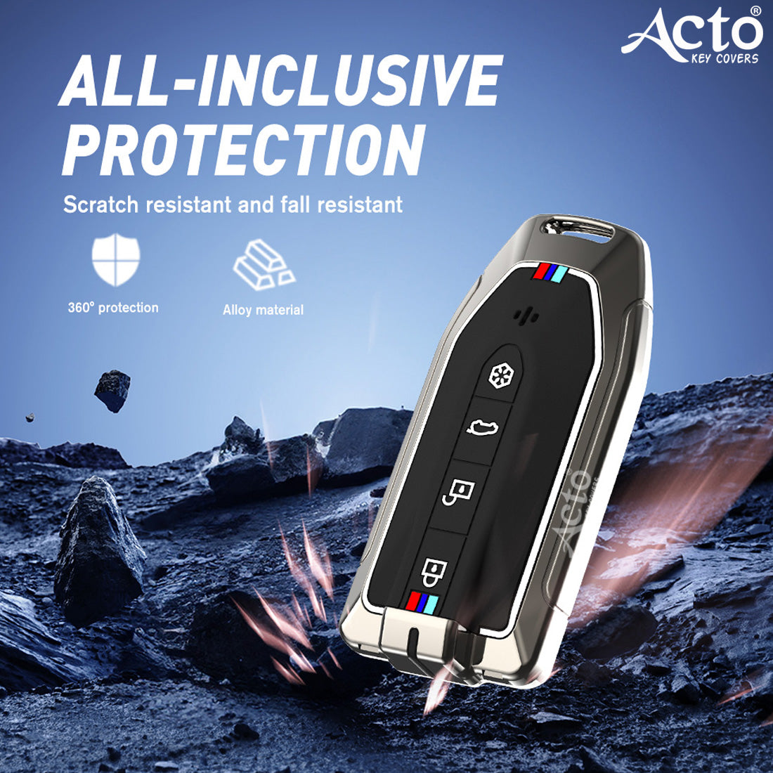 Acto Metal Sapphire Key Cover and Key chain Compatible with Mahindra BE-6,XEV9 4-Button Smart Key Pack of 1 (Glow in the Night)