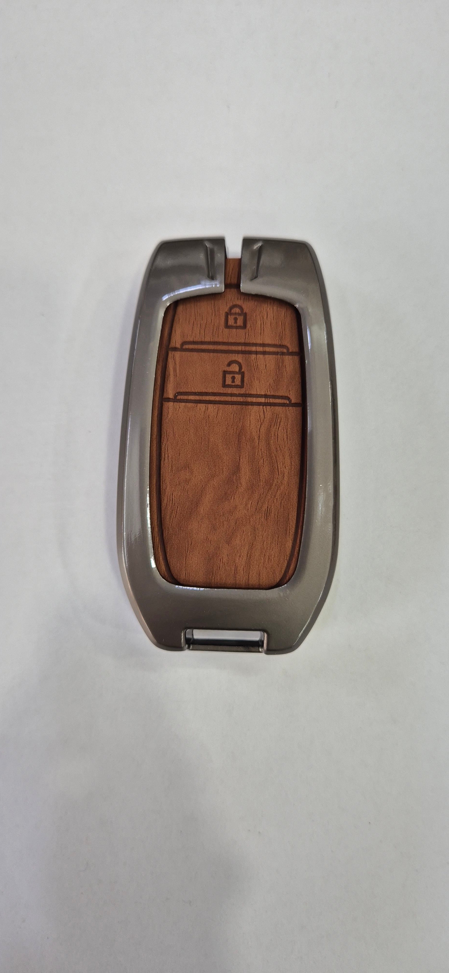 Acto Premium Metal + Leather Key Cover with Wood Grain Finish Compatible with Toyota Crysta, Fortuner | Crysta 3 Button Smart Key Cover Pack of 1 Set
