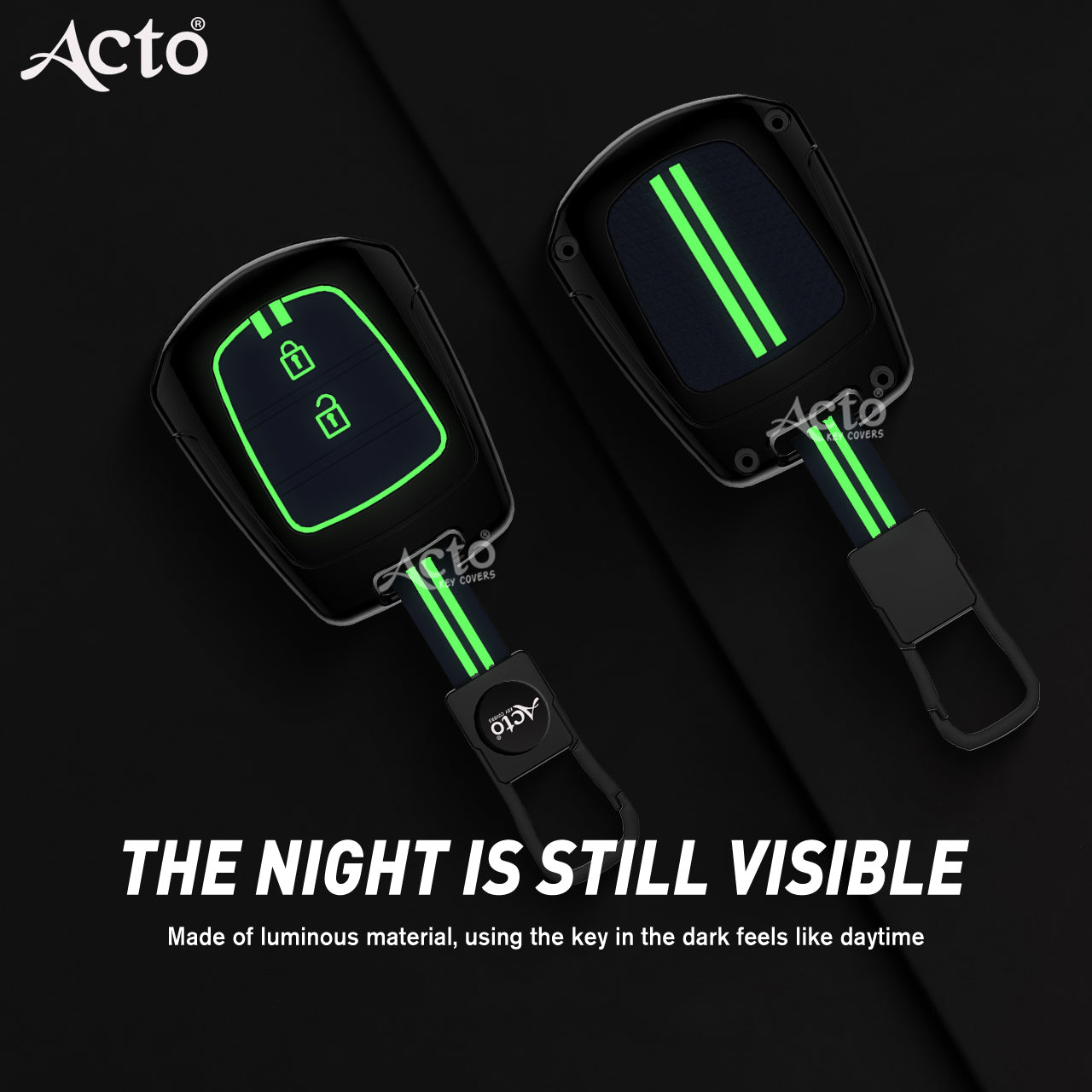 Acto Metal Sapphire Key Cover and Key chain Compatible with Hyudai I-10 Grand, Santro Pack of 1 Set (Glow in the Night)