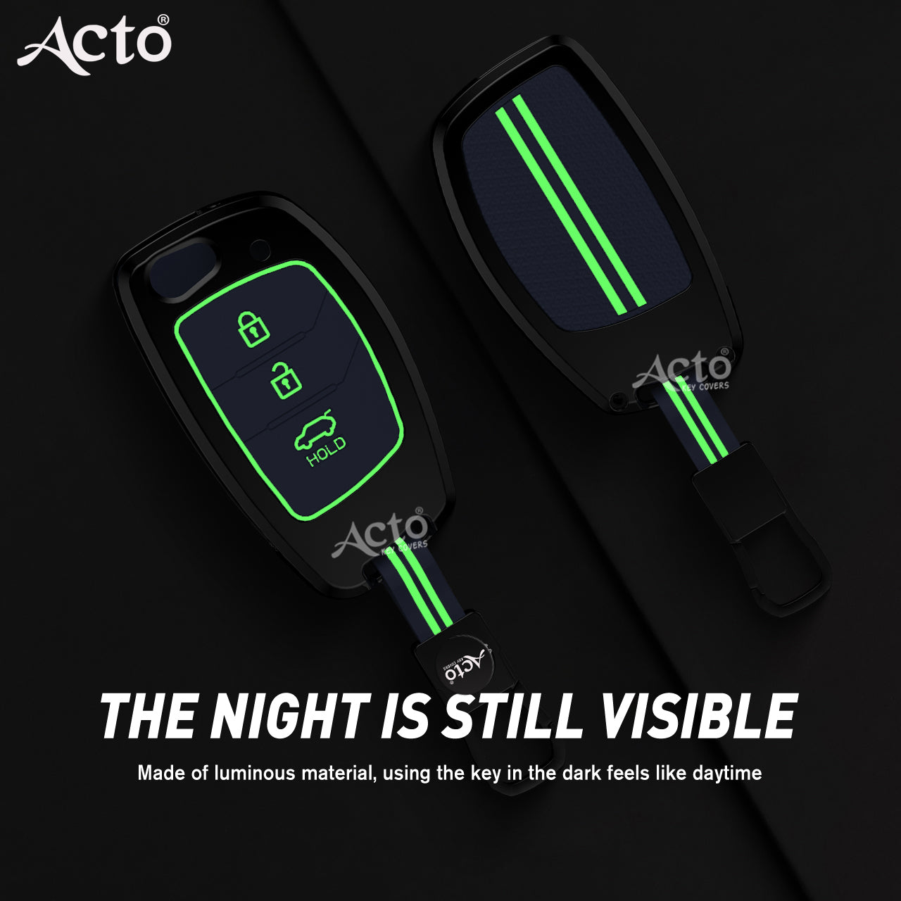 Acto Metal Sapphire Key Cover and Key chain Compatible with Hyudai  Aura I I10 Grand Nios I i20  (2021) I Creta I i20 Active I I-20 Elite I Xcent 2019+ Pack of 1 Set (Glow in the Night)