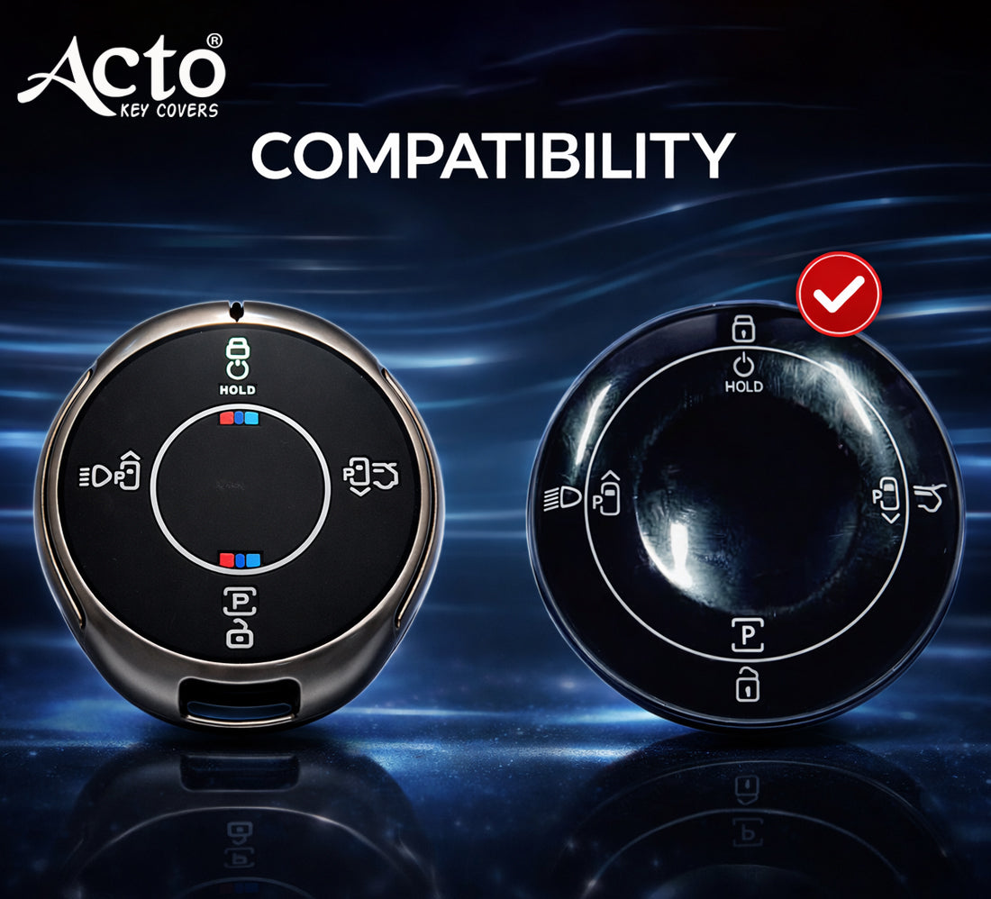ACTO Metal Silicone Key Cover & Key Chain Compatible with Tata Harrier EV / Safari / Curvv 2025+ Round Smart Key (4 Button) | Premium Zinc Alloy Case | Glow in The Dark Buttons | 360° Protection | Pack of 1