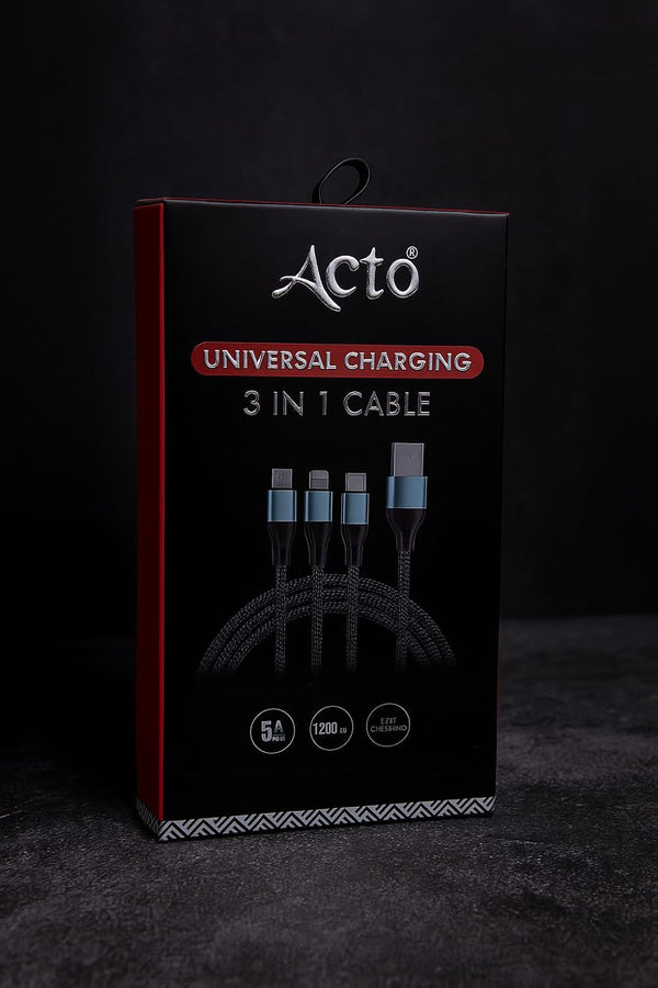 ACTO 3 in 1 Fast Charging Cable | Universal Braided Multi Charging Cable with Type-C, ISO, Micro USB Connectors | 5A 120W | All Smartphones & Devices (Pack of 1 Pcs)