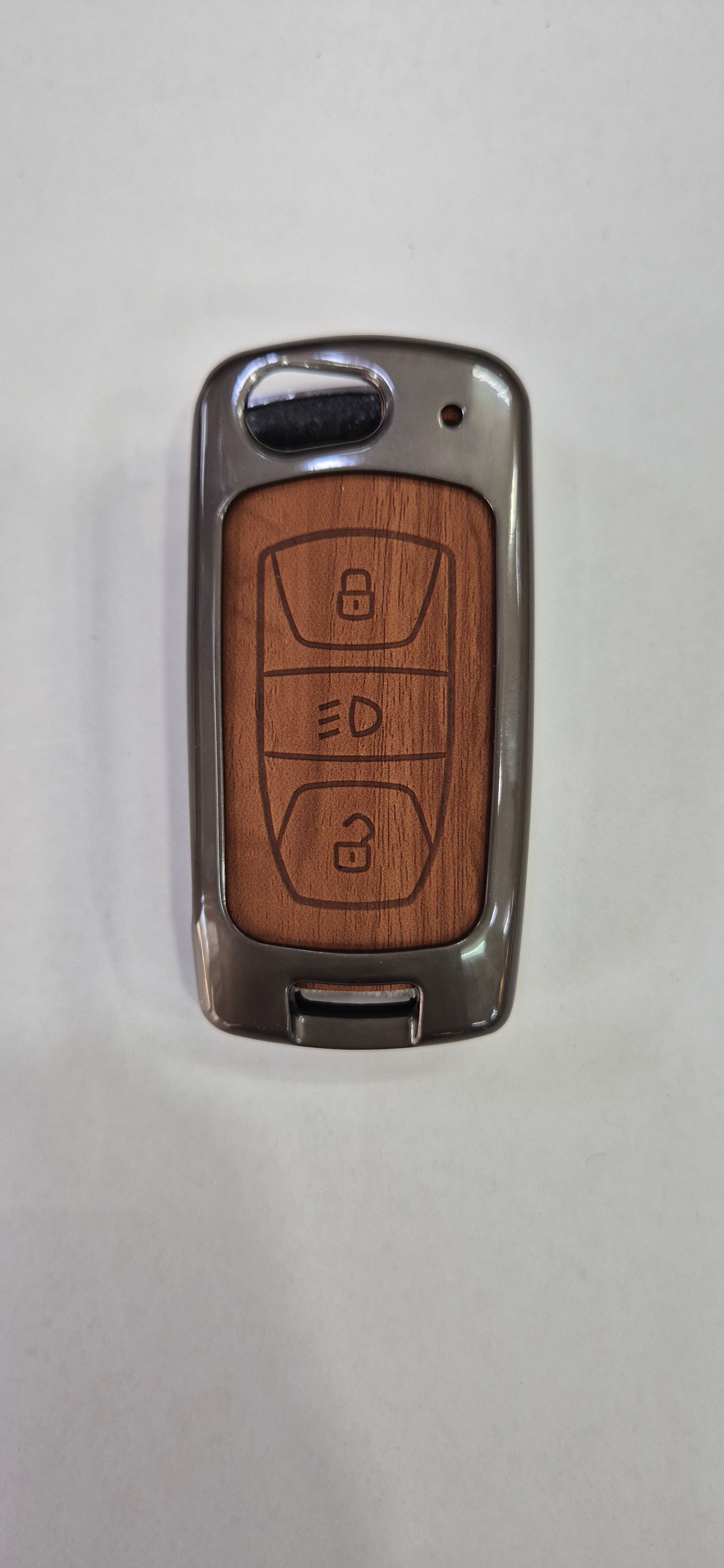 Acto Premium Metal + Leather Key Cover with Wood Grain Finish Compatible with Tata Bolt/ Nexon/ Tigor/ Hexa/ Tiago/ Zest 3 Button Flip Key Cover Pack of 1 Set