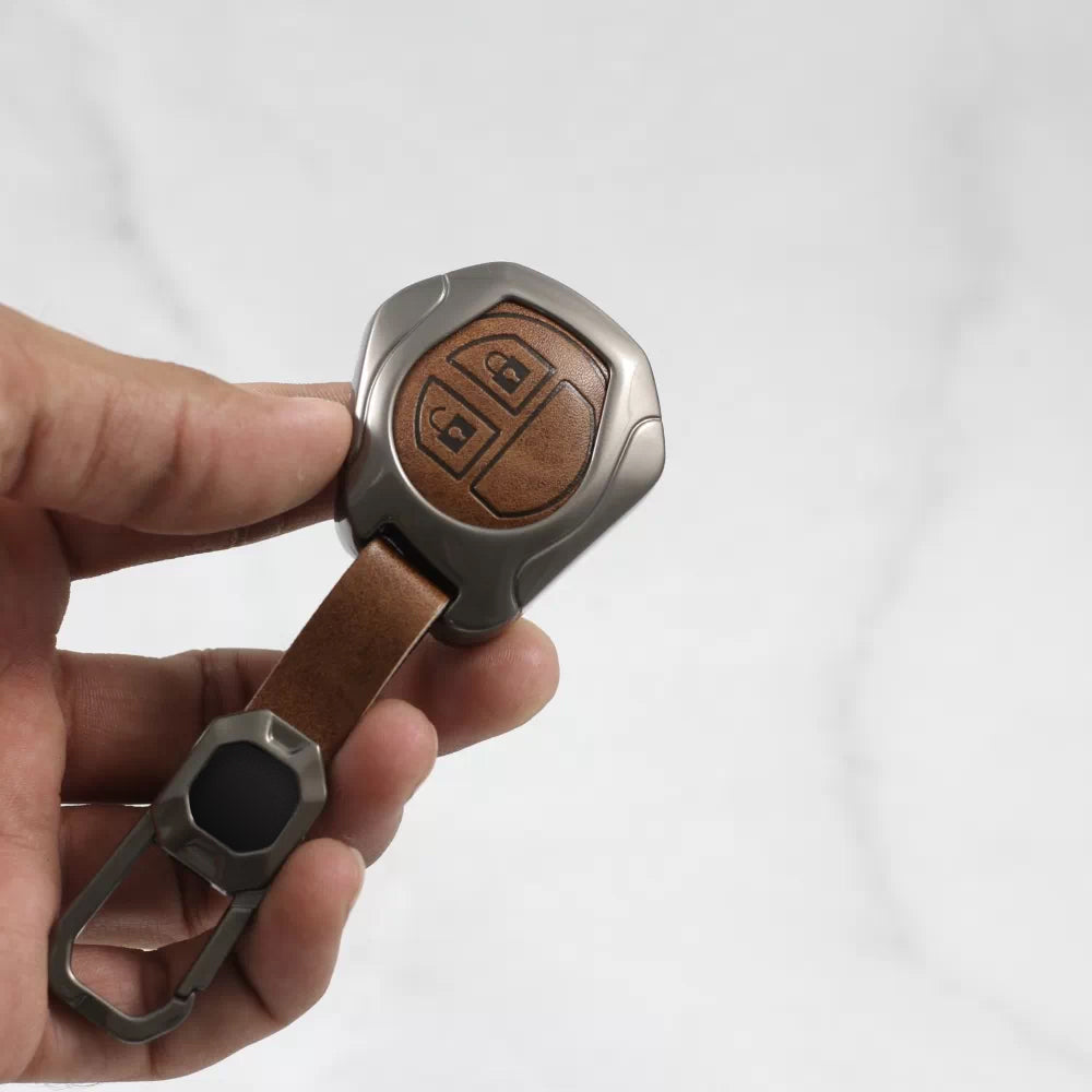 ACTO Metal Leather Car key cover with key chain Compatible With Suzuki