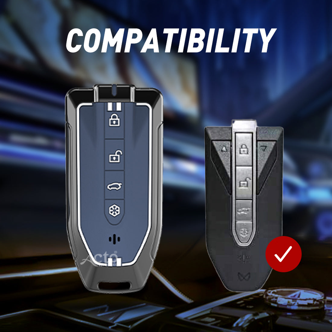 Acto Metal Sapphire Key Cover and Key chain Compatible with Mahindra BE-6,XEV9 4-Button Smart Key Pack of 1 (Glow in the Night)