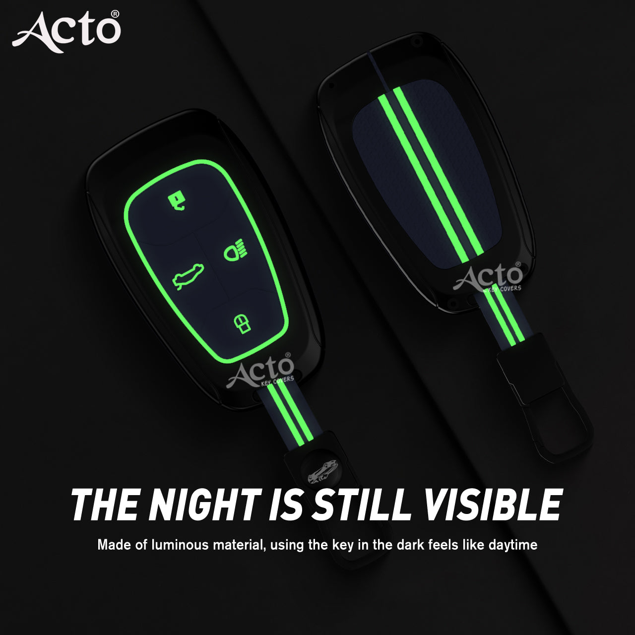 Acto Metal Sapphire Key Cover and Key chain Compatible with Tata Altroz I Harrier I Nexon Pack of 1 Set (Glow in the Night)