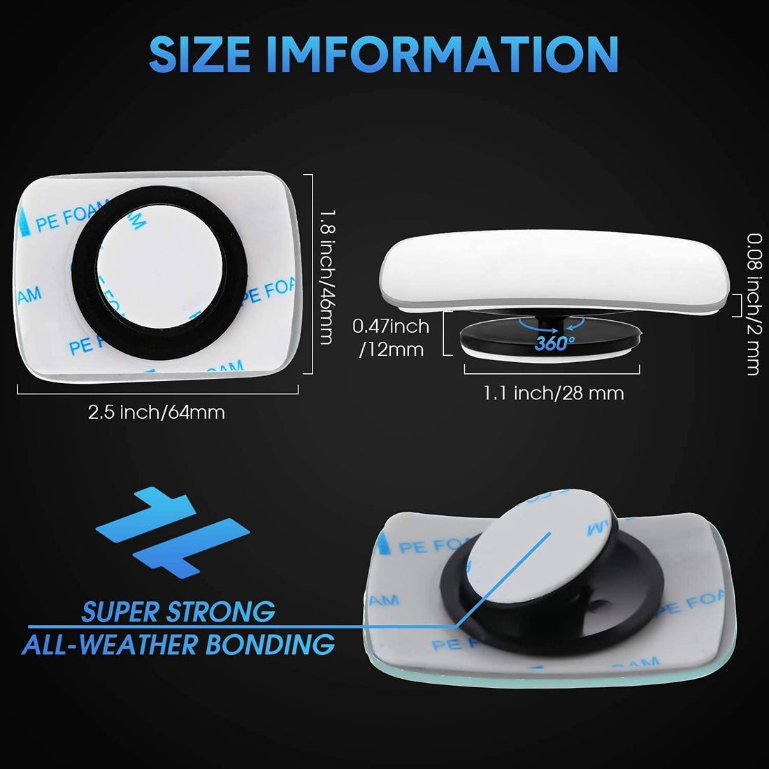 Car Blind Spot Mirrors Adjustable 360 Degree Wide Angle Rear Side View 3R Parking Mirror Left and Right - 2PC