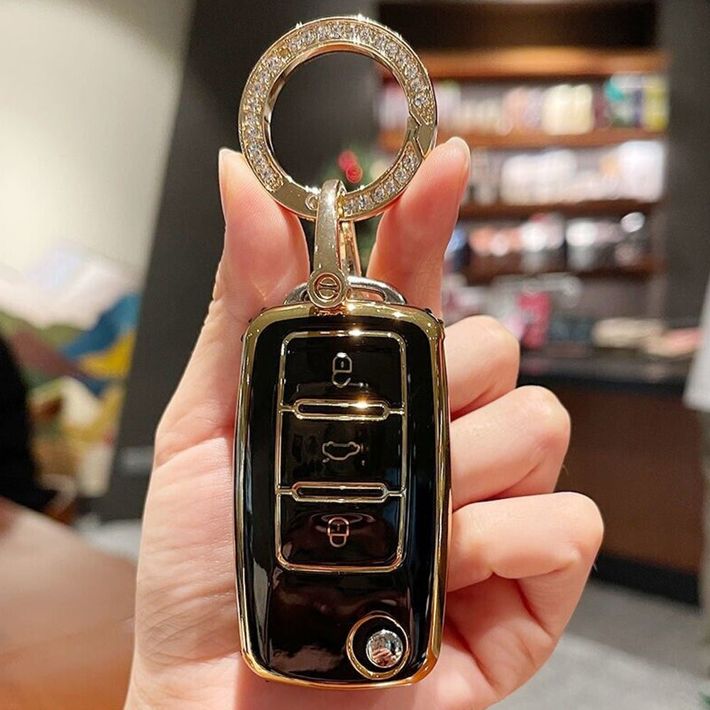 Acto TPU Gold Series Car Key Cover With Diamond Key Ring For Skoda Polo