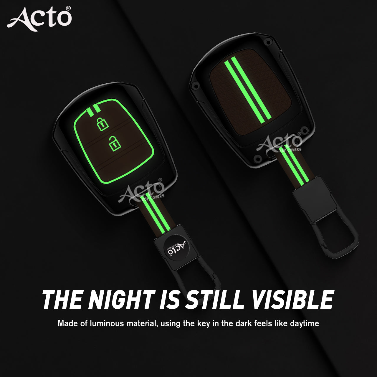 Acto Metal Sapphire Key Cover and Key chain Compatible with Hyudai I-10 Grand, Santro Pack of 1 Set (Glow in the Night)