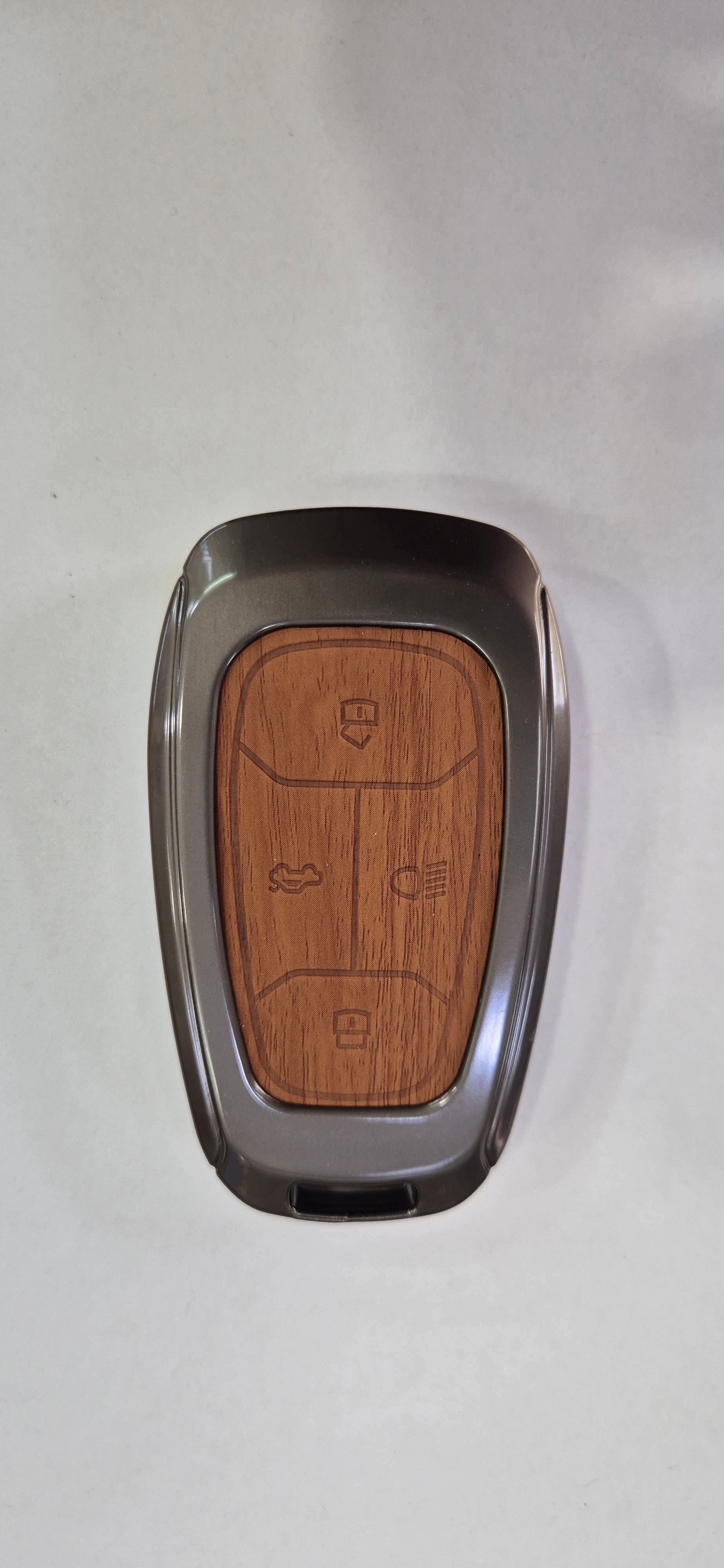 Acto Premium Metal + Leather Key Cover with Wood Grain Finish Compatible with Tata Altroz/ Harrier/ Nexon 4 Button Smart Key Cover Pack of 1 Set