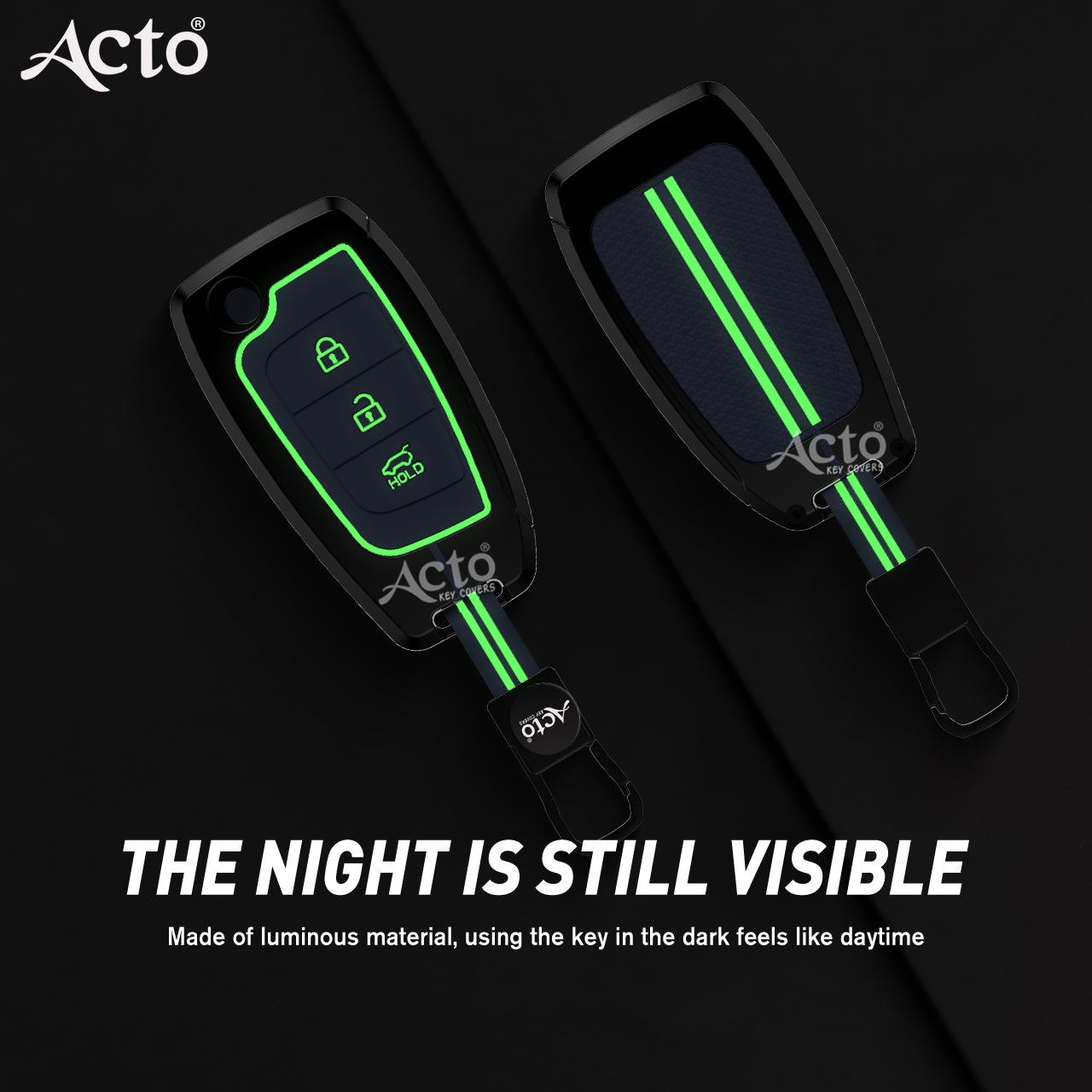 Acto Metal Sapphire Key Cover and Key chain Compatible with Hyundai i20 I Kona I Verna 2018 Pack of 1 Set (Glow in the Night)