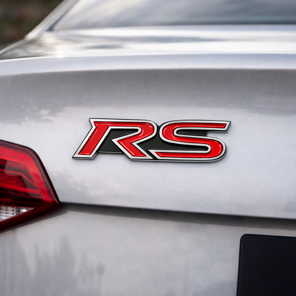 Carsonify 3D Metal RS Car Badge Emblem Sticker | Premium Aluminum Alloy Chrome RS Logo Decal | Self-Adhesive Metallic Badge for Car, Bike & SUV Exterior | Stylish Auto Decoration Accessory