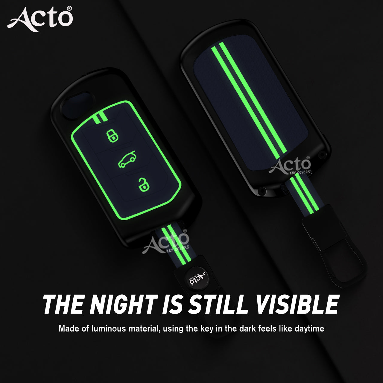 Acto Metal Sapphire Key Cover and Key chain Compatible with Mahindra Thar I Thar Roxx I Bolero I Marazzo I Scorpio I Tuv300 I Xuv700 Pack of 1 Set (Glow in the Night)