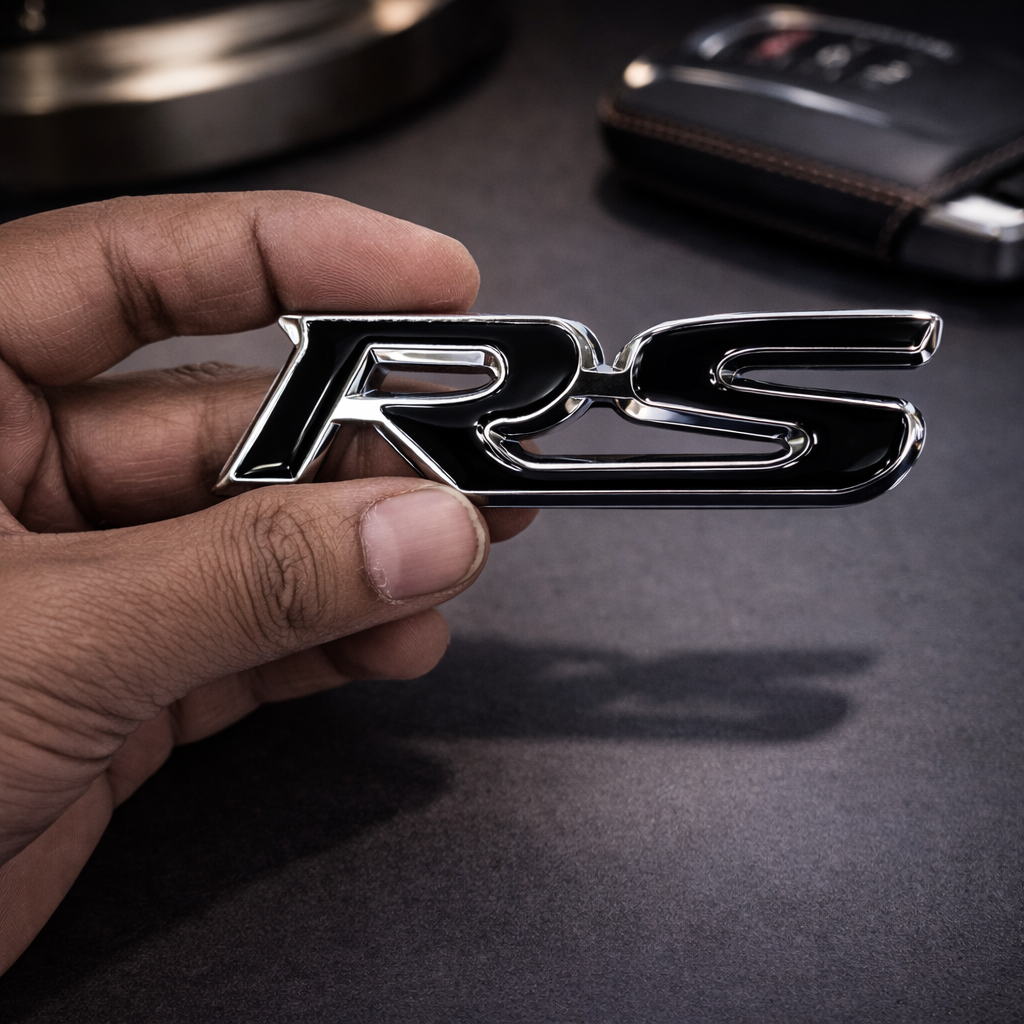Carsonify 3D Metal RS Car Badge Emblem Sticker | Premium Aluminum Alloy Chrome RS Logo Decal | Self-Adhesive Metallic Badge for Car, Bike & SUV Exterior | Stylish Auto Decoration Accessory