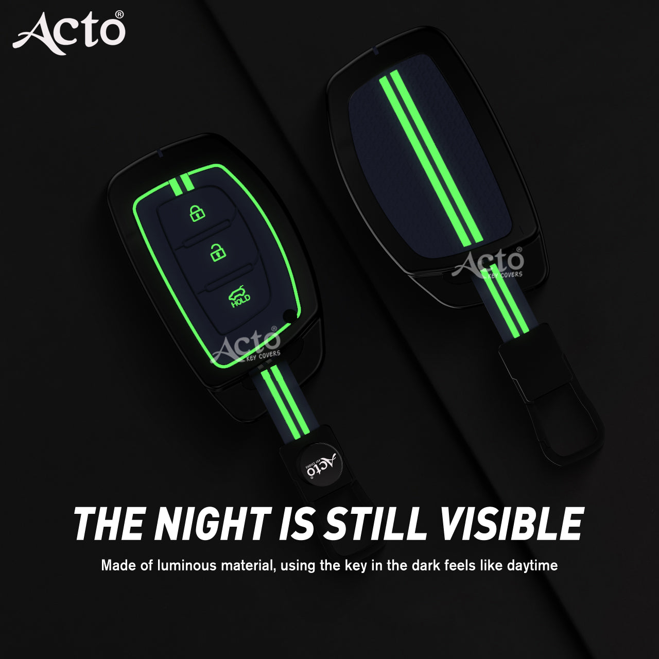 Acto Metal Sapphire Key Cover and Key chain Compatible with Hyudai  Aura I Elantra I I10 Grand Nios I i20 Elite I Verna 4S I Creta I i10 Grand I i20 Active I Tucson I Xcent Pack of 1 Set (Glow in the Night)