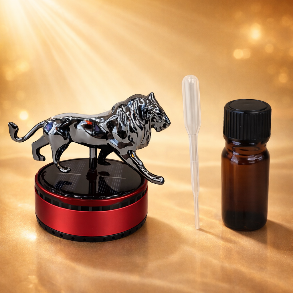 Acto Solar Powered Rotating Lion Showpiece with Aroma Diffuser Bottle – Romantic Dashboard & Home Decor