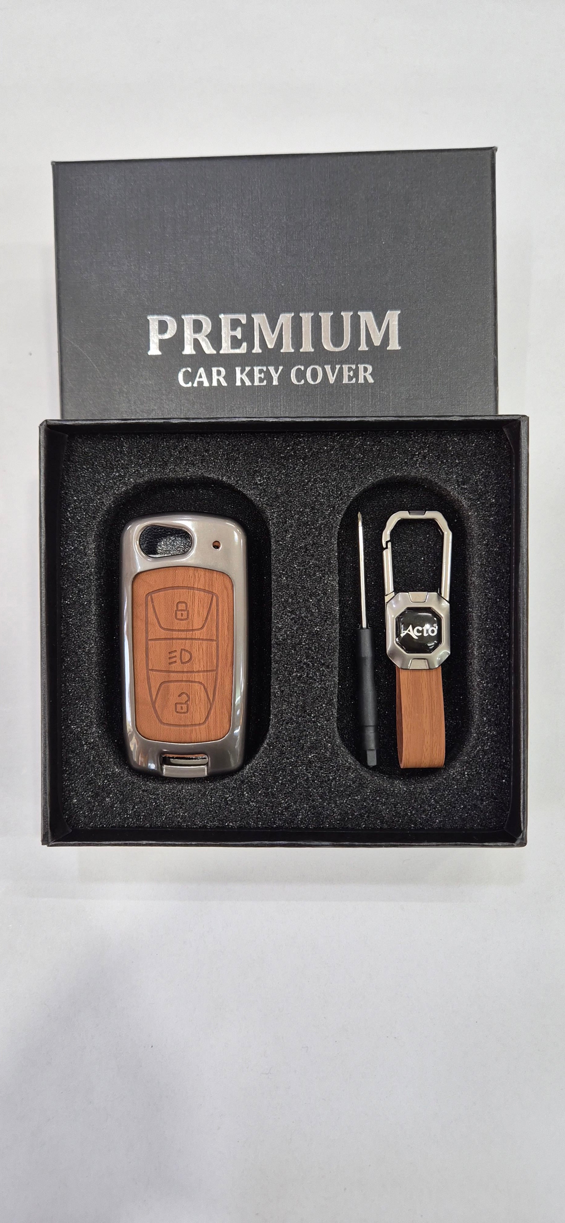 Acto Premium Metal + Leather Key Cover with Wood Grain Finish Compatible with Tata Bolt/ Nexon/ Tigor/ Hexa/ Tiago/ Zest 3 Button Flip Key Cover Pack of 1 Set