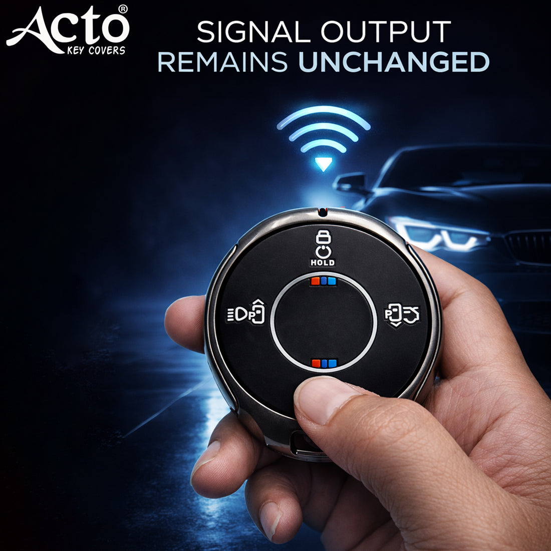 ACTO Metal Silicone Key Cover & Key Chain Compatible with Tata Harrier EV / Safari / Curvv 2025+ Round Smart Key (4 Button) | Premium Zinc Alloy Case | Glow in The Dark Buttons | 360° Protection | Pack of 1