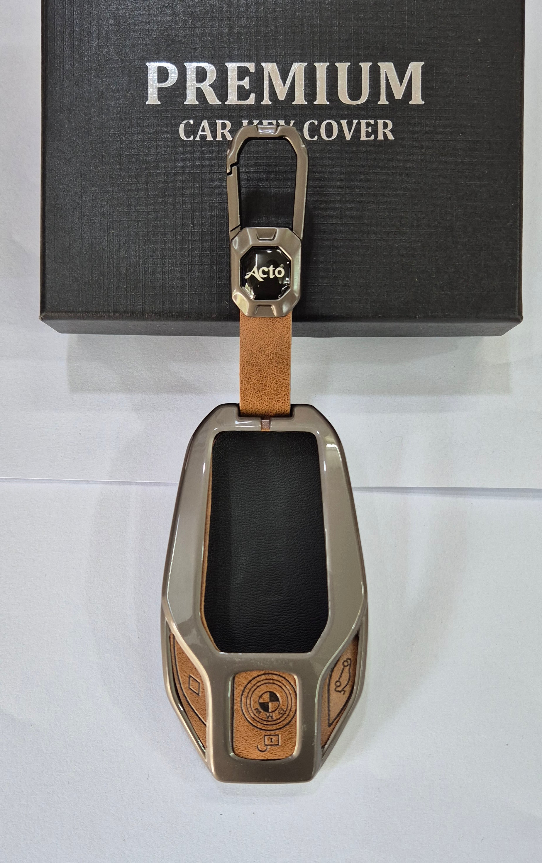 ACTO Metal Leather Car key cover with key chain Compatible With BMW