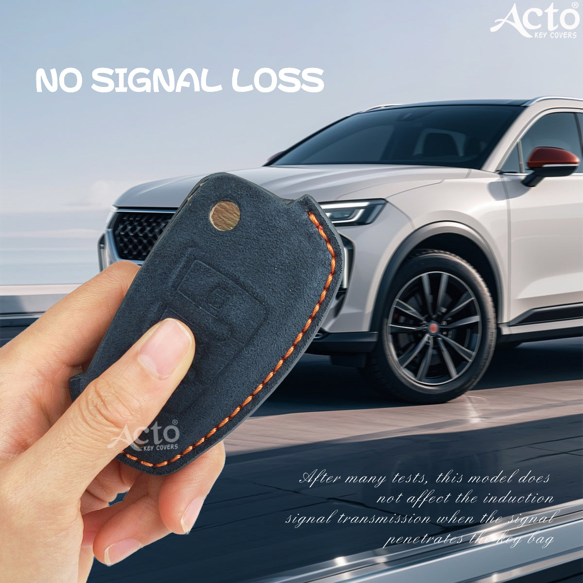 ACTO Alcantra Key Cover and Key Chain in Dashing Blue Cover and Orange Sticking Design Compatible with Audi