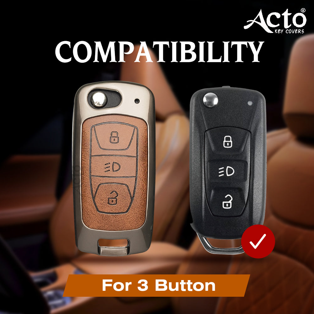 ACTO Metal Leather Car key cover with key chain Compatible With TATA