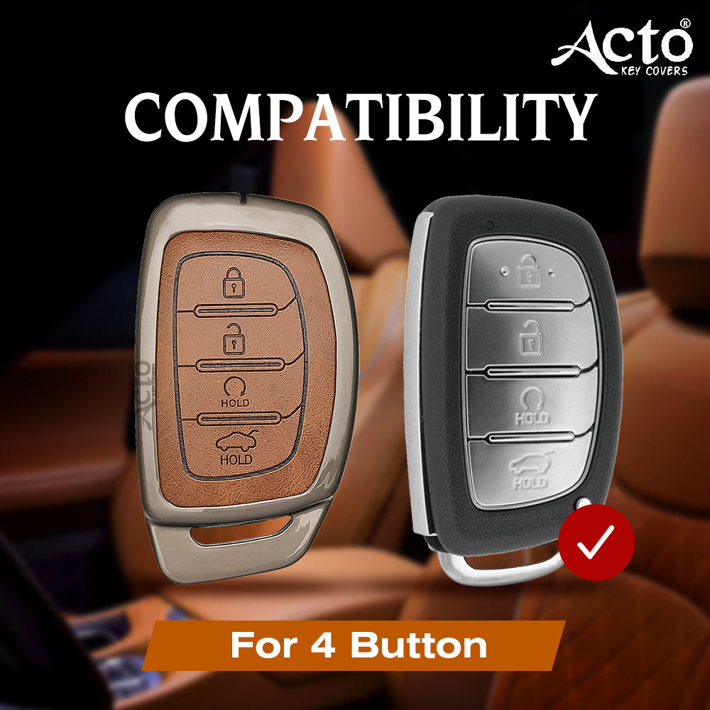 ACTO Metal Leather Car key cover with key chain Compatible With Hyundai Creta 2020