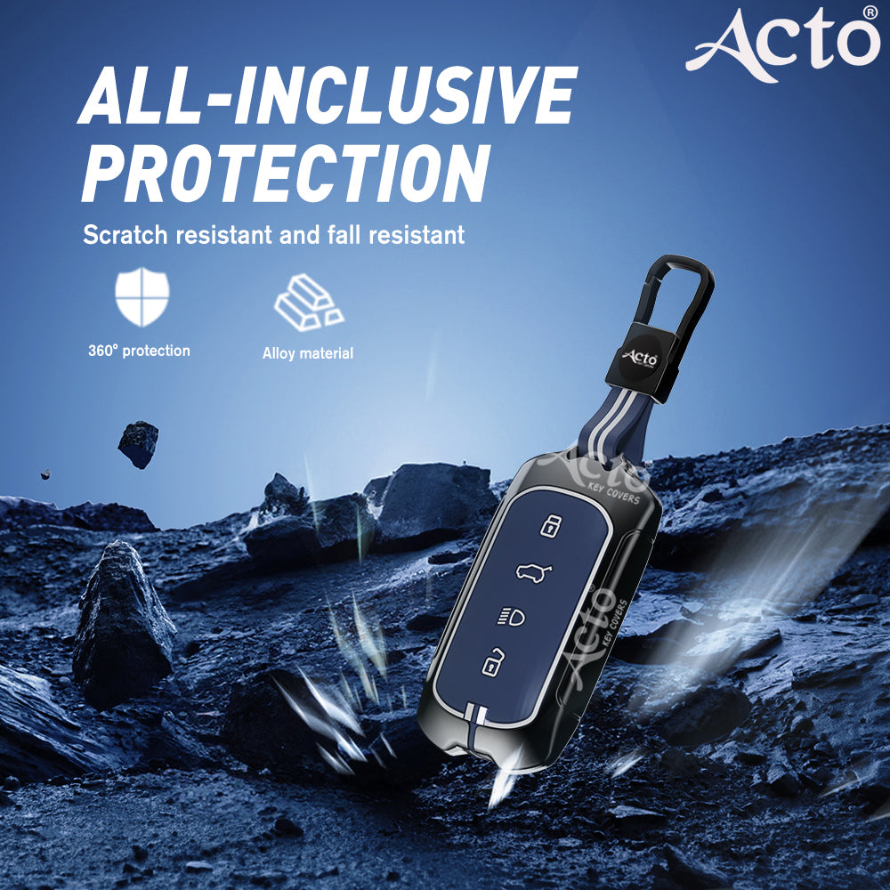 Acto Metal Sapphire Key Cover and Key chain Compatible with Tata Curvv Pack of 1 Set (Glow in the Night)