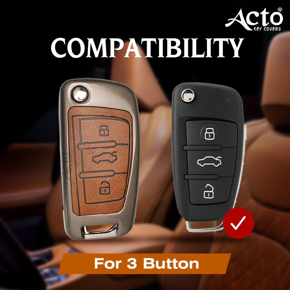 ACTO Metal Leather Car key cover with key chain Compatible With Audi Q5