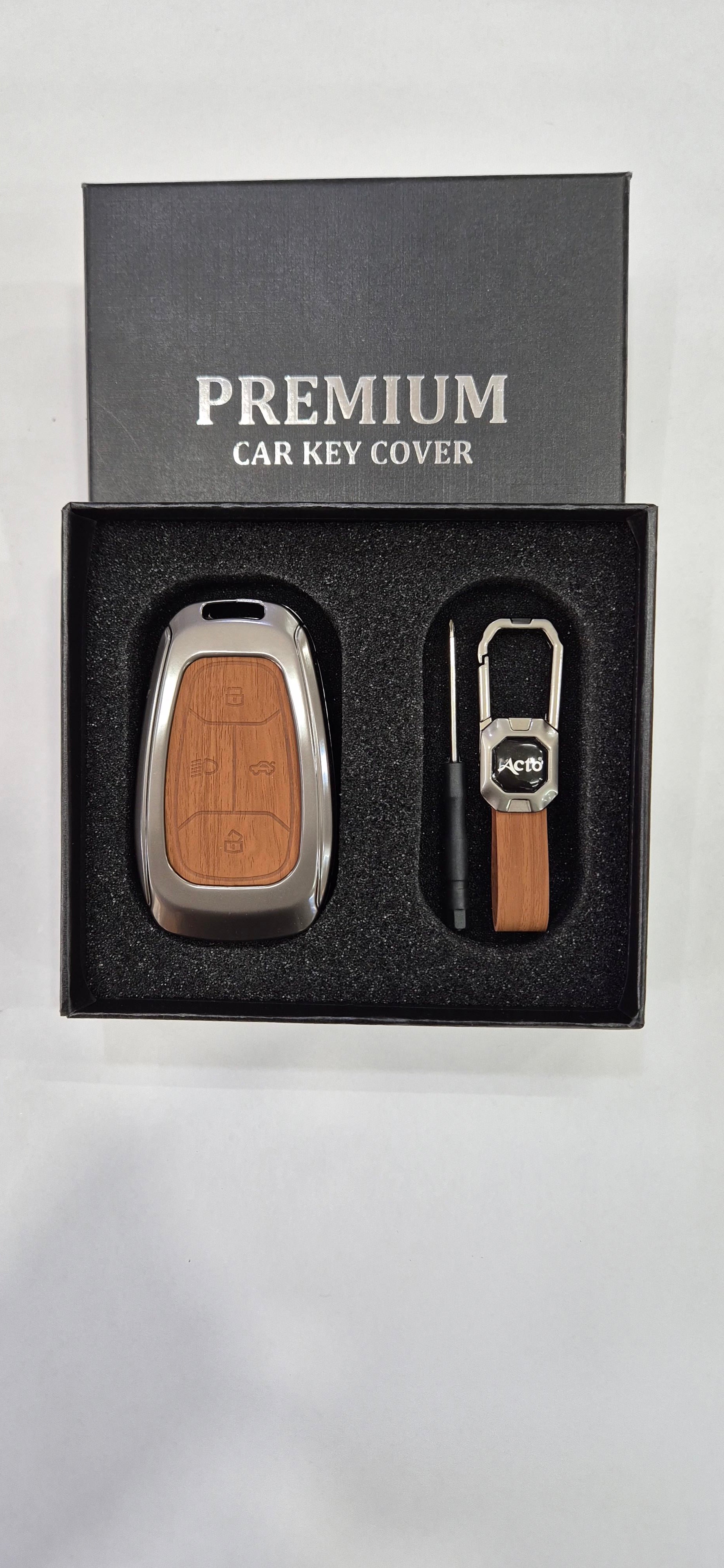 Acto Premium Metal + Leather Key Cover with Wood Grain Finish Compatible with Tata Altroz/ Harrier/ Nexon 4 Button Smart Key Cover Pack of 1 Set