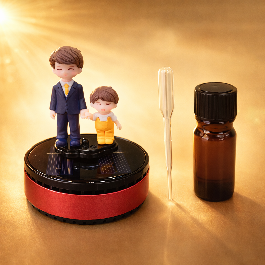 Acto Solar Powered Rotating Parents Dad and Son Showpiece with Aroma Diffuser Bottle – Romantic Dashboard & Home Decor