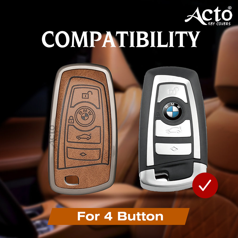 ACTO Metal Leather Car key cover with key chain Compatible With BMW 3 Series