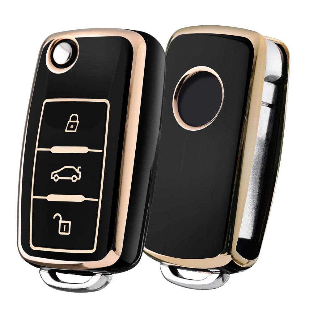 Acto TPU Gold Series Car Key Cover With Diamond Key Ring For Skoda Rapid