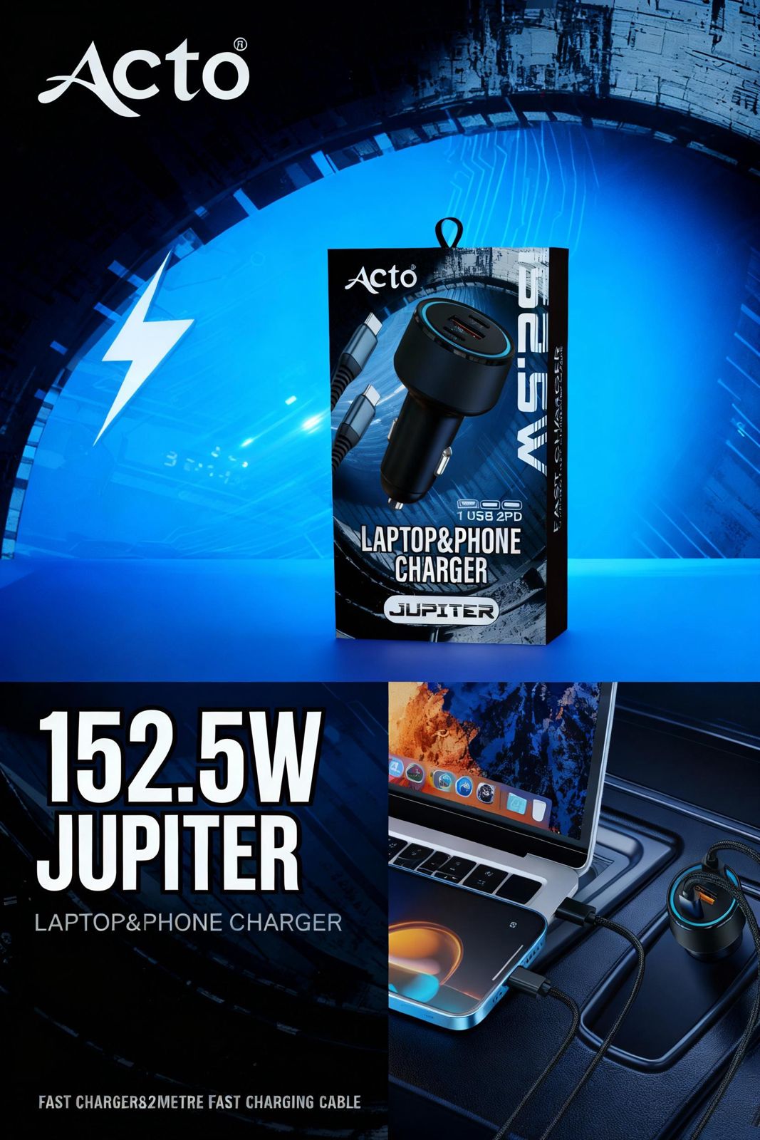 ACTO Jupiter Car Mobile & Laptop Charger with C to C Data Cable 1 USB 5V (22.5W) 2 PD 5V (100W) Laptop Support 3 PD 5V (30V) Fast Charging 152.5W & 2MeterPack of 1 Pcs