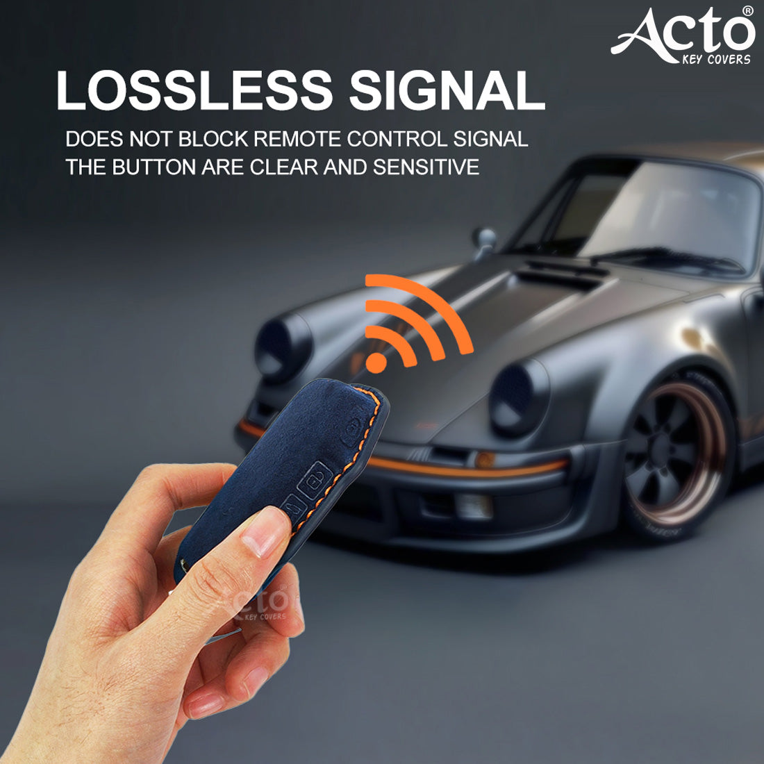 ACTO Alcantra Key Cover and Key Chain in Dashing Blue Cover and Orange Stiching Design Compatible with KIA Sonet 2025 | Seltos 2025 3 Button Smart Key Pack of 1 Set