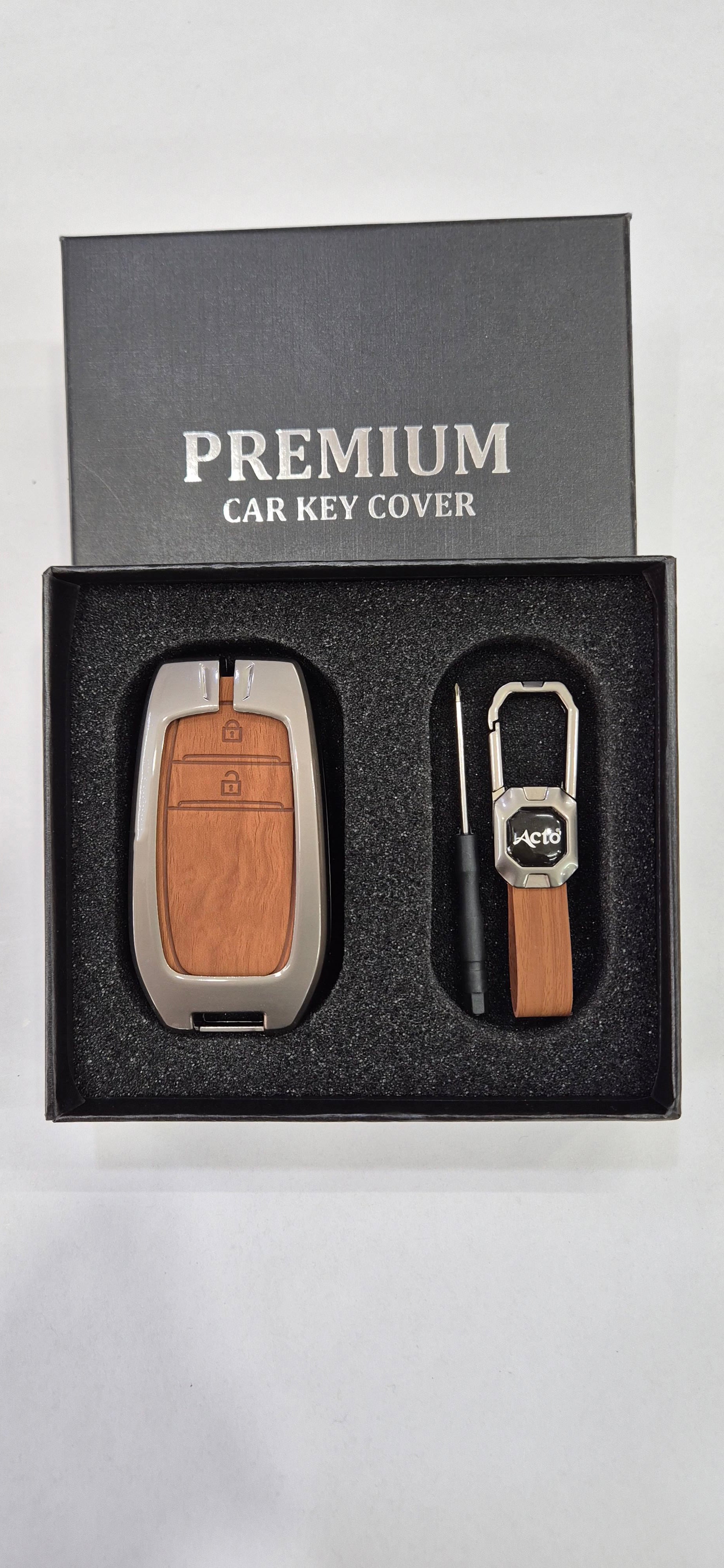 Acto Premium Metal + Leather Key Cover with Wood Grain Finish Compatible with Toyota Crysta, Fortuner | Crysta 3 Button Smart Key Cover Pack of 1 Set