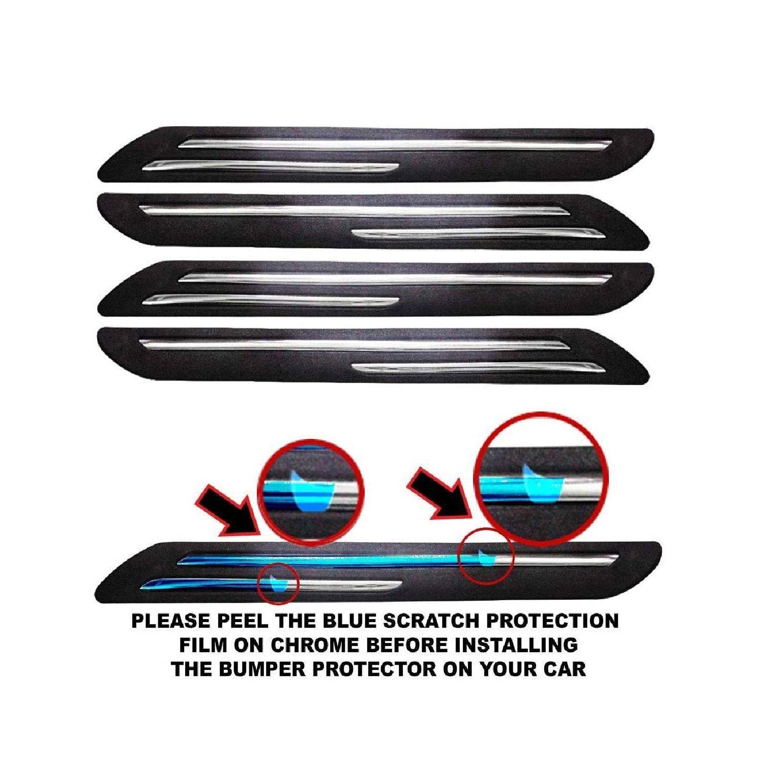 Car Bumper Protector Black Rubber with Double Chrome line Compatible with all Cars Set of 4 Pcs