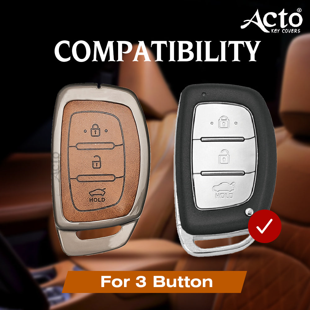 ACTO Metal Leather Car key cover with key chain Compatible With Hyundai