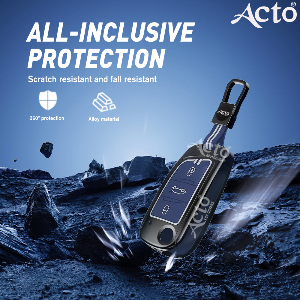 Acto Metal Sapphire Key Cover & Key Chain Compatible with Xhorse Universal Flip Key | Zinc Alloy Case | Glow-in-the-Dark Buttons | 360° Protection | Pack of 1
