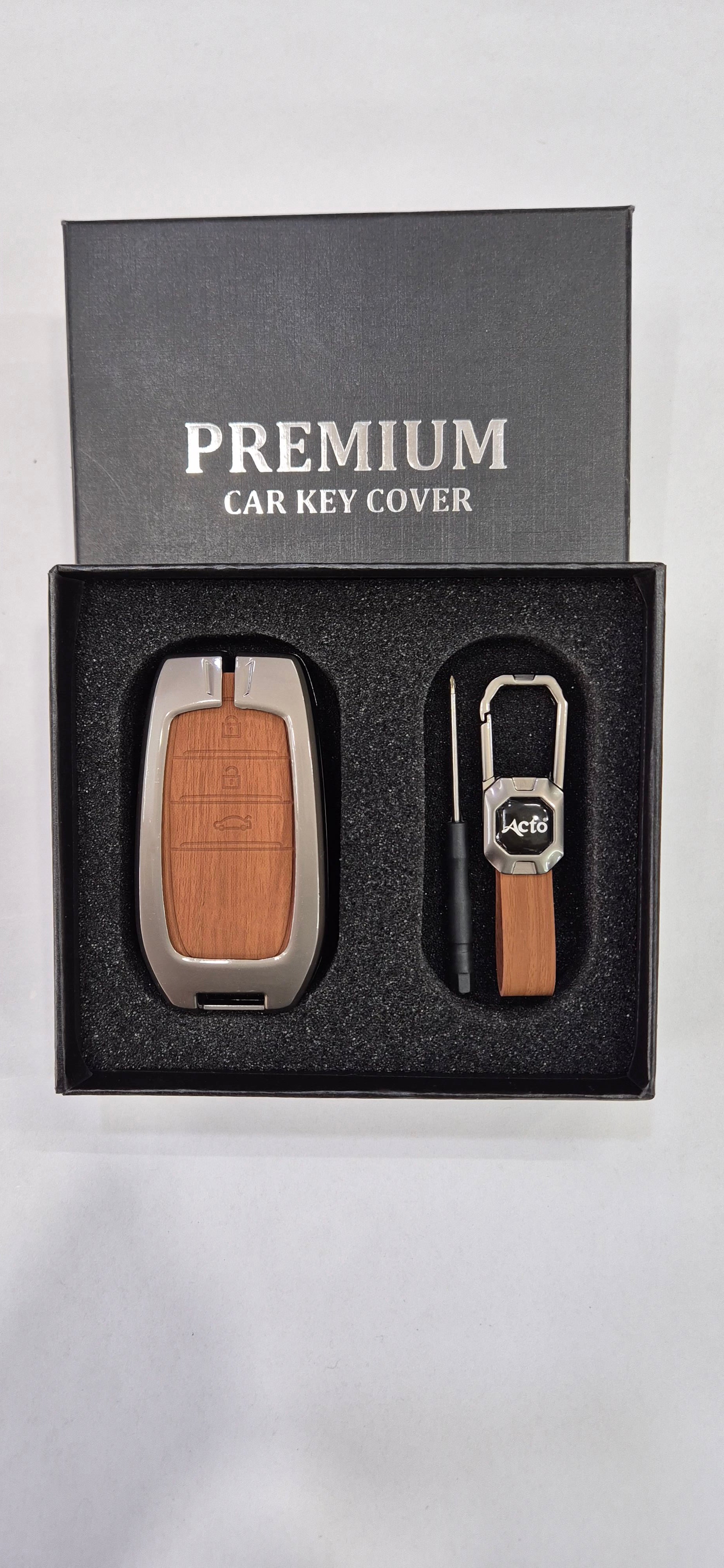Acto Premium Metal + Leather Key Cover with Wood Grain Finish Compatible with Toyota Crysta, Fortuner | Crysta 3 Button Smart Key Cover Pack of 1 Set