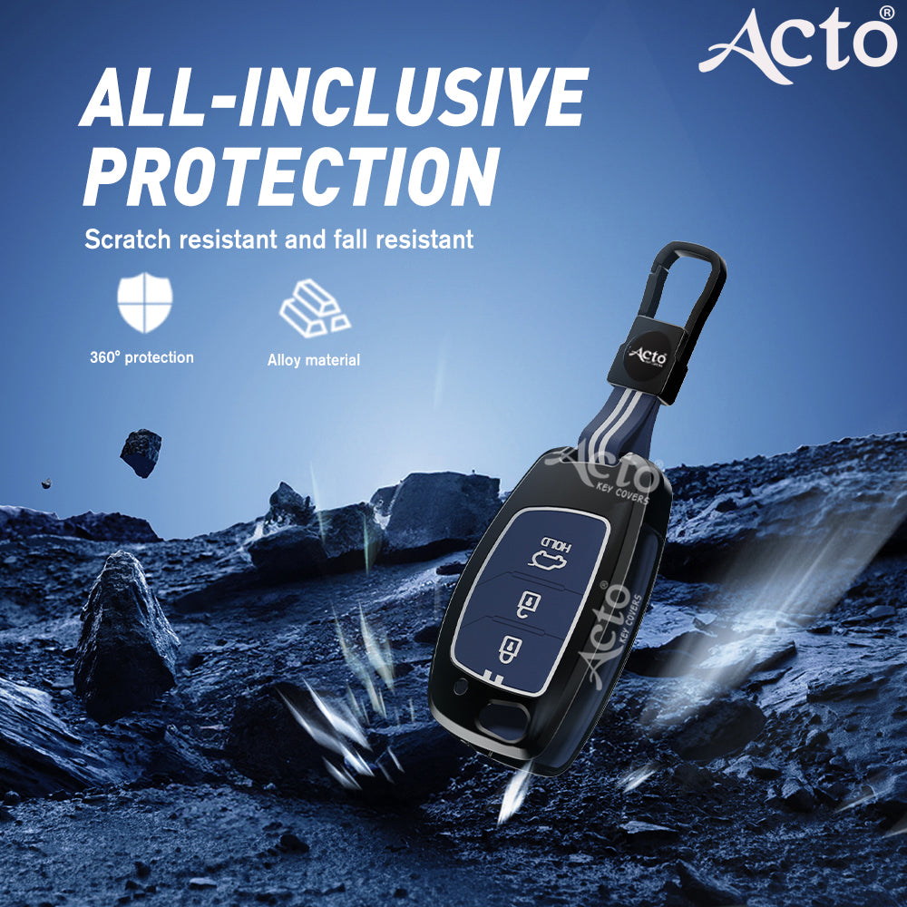 Acto Metal Sapphire Key Cover and Key chain Compatible with Hyudai  Aura I I10 Grand Nios I i20  (2021) I Creta I i20 Active I I-20 Elite I Xcent 2019+ Pack of 1 Set (Glow in the Night)